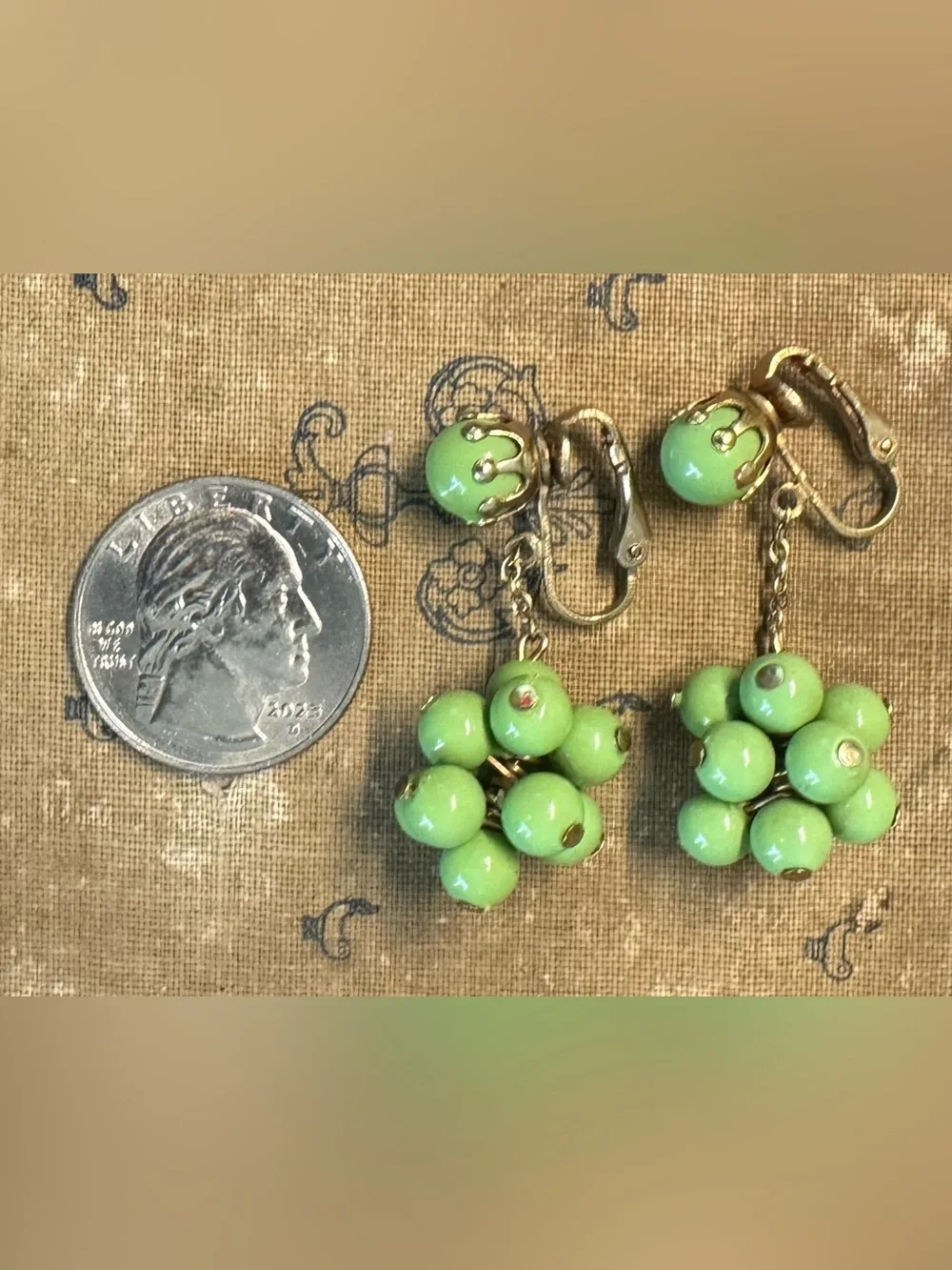 GLOW! c.1960 Lime Green Beaded Cluster Dangle Clip-On Earrings